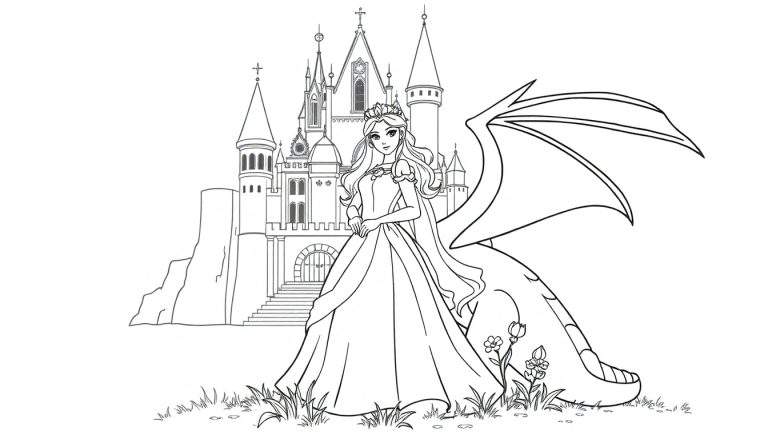 Une princesse se tient devant un dragon, avec un château en arrière-plan, un panneau de coloriage.