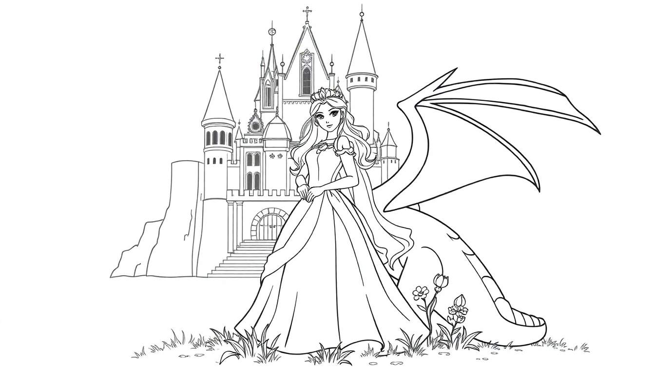 Une princesse se tient devant un dragon, avec un château en arrière-plan, un panneau de coloriage.