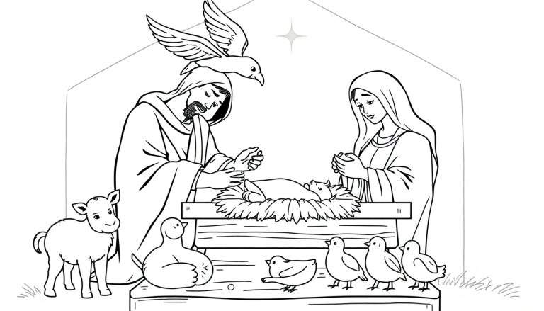 Une scène de la Nativité en noir et blanc avec l'enfant Jésus dans une mangeoire, entouré de Marie, Joseph, des animaux et d'une colombe.