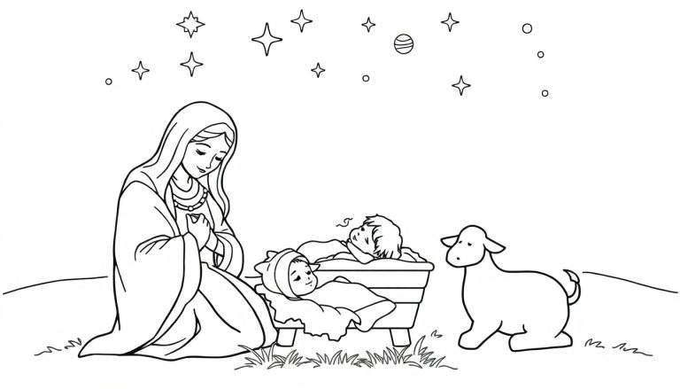 Une scène de la Nativité style livre de coloriage avec Marie priant près d'une mangeoire contenant deux bébés, un agneau à droite, des étoiles et une planète au-dessus, et de l'herbe en bas. Ceci est un color panel.