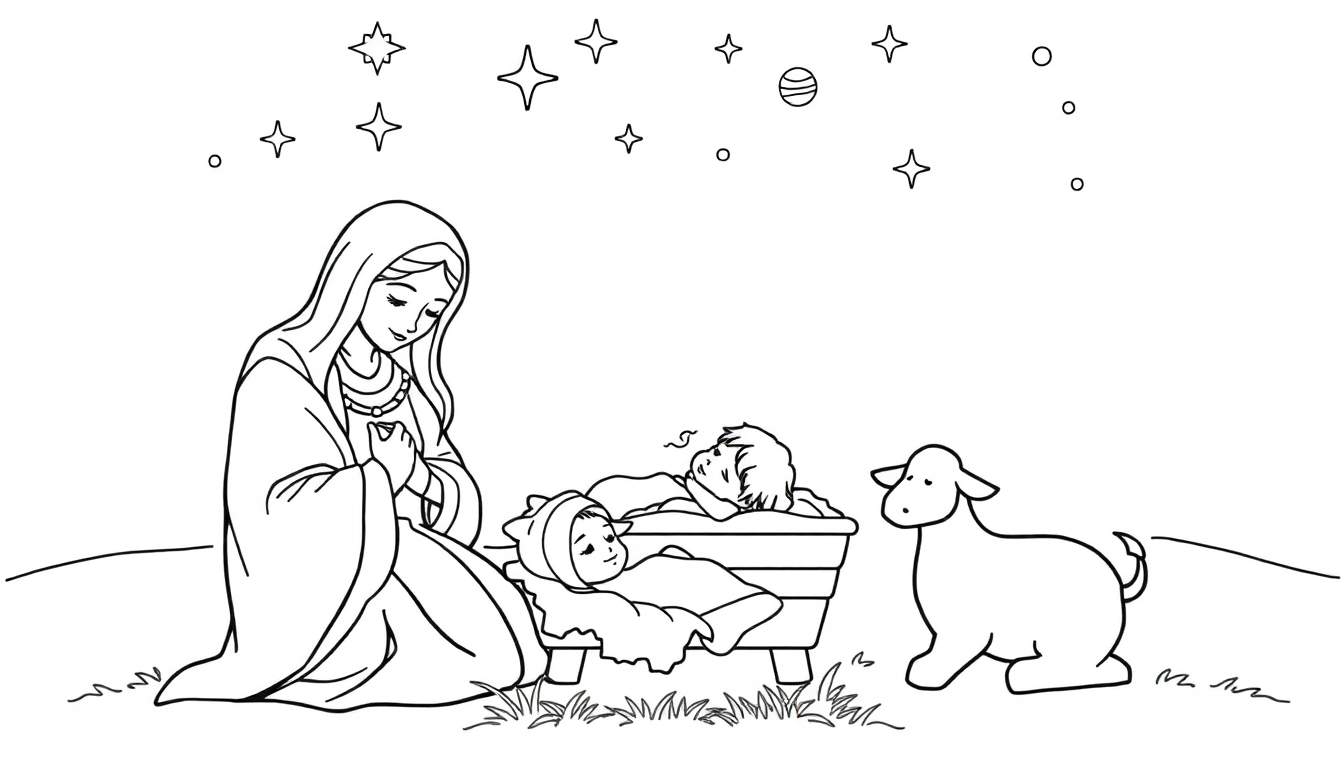 Une scène de la Nativité style livre de coloriage avec Marie priant près d'une mangeoire contenant deux bébés, un agneau à droite, des étoiles et une planète au-dessus, et de l'herbe en bas. Ceci est un color panel.