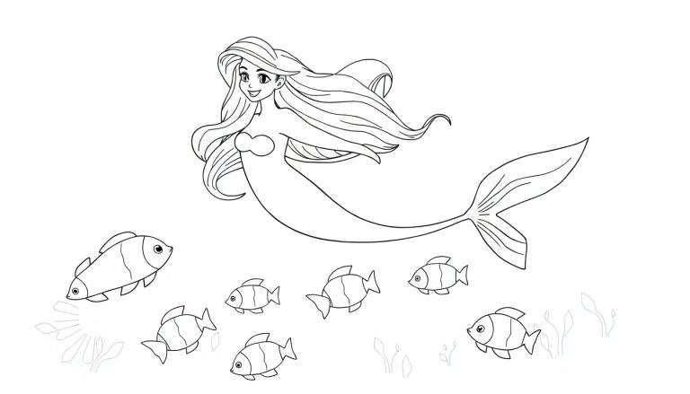 Dessin au trait d'une sirène joyeuse nageant avec des poissons et des plantes marines, sur un fond de color panel.