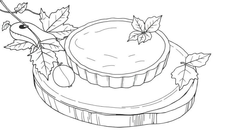 Dessin au trait d'une tarte d'automne sur une planche à découper avec une courge, un color panel et des feuilles.