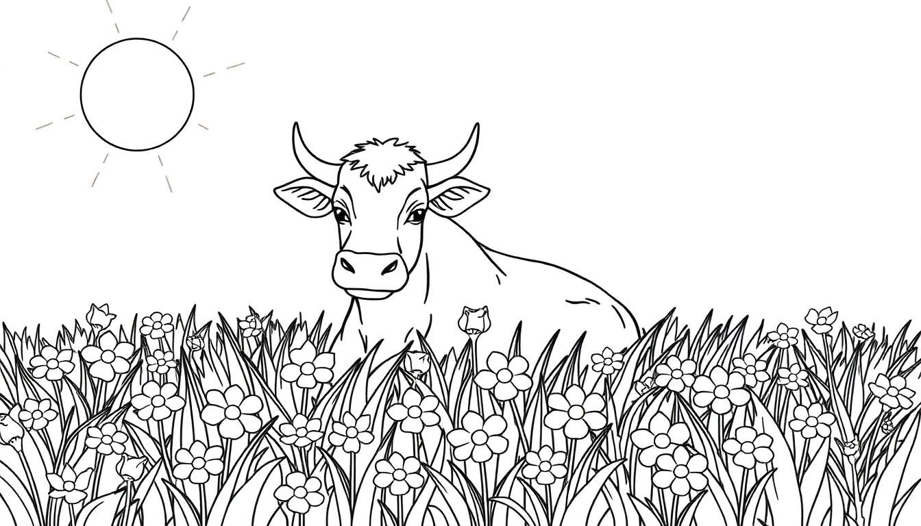 Un dessin au trait d'une vache dans un champ de fleurs avec un soleil.
