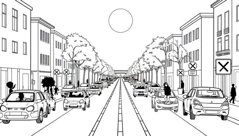 Une rue de ville animée avec des bâtiments, des arbres et des voitures, avec un panneau coloré.