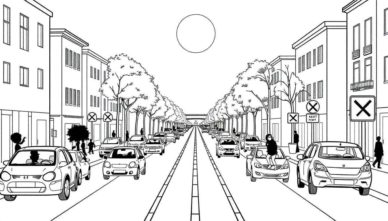 Une rue de ville animée avec des bâtiments, des arbres et des voitures, avec un panneau coloré.