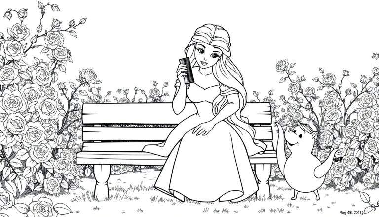 Une princesse dans un jardin coloriant une couleur avec son ami animal.