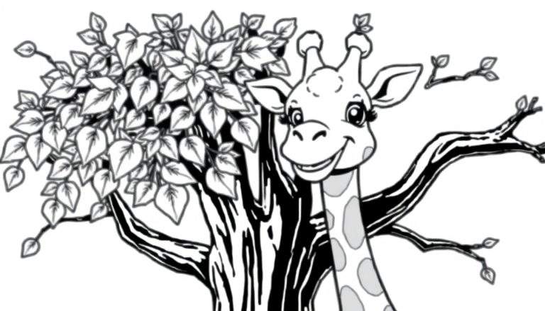 Une girafe souriante se cache derrière un arbre fleuri, un color panel de feuilles vertes et marron.