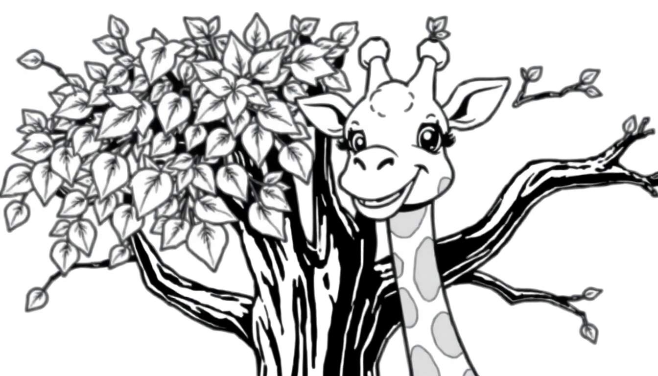 Une girafe souriante se cache derrière un arbre fleuri, un color panel de feuilles vertes et marron.