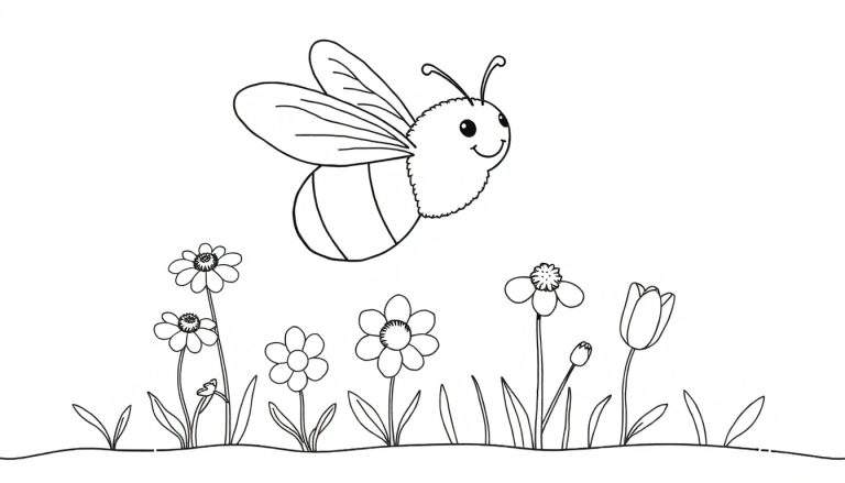 Dessin au trait d'une abeille souriante volant au-dessus d'un parterre de fleurs colorées avec un panneau coloré visible dans la composition.