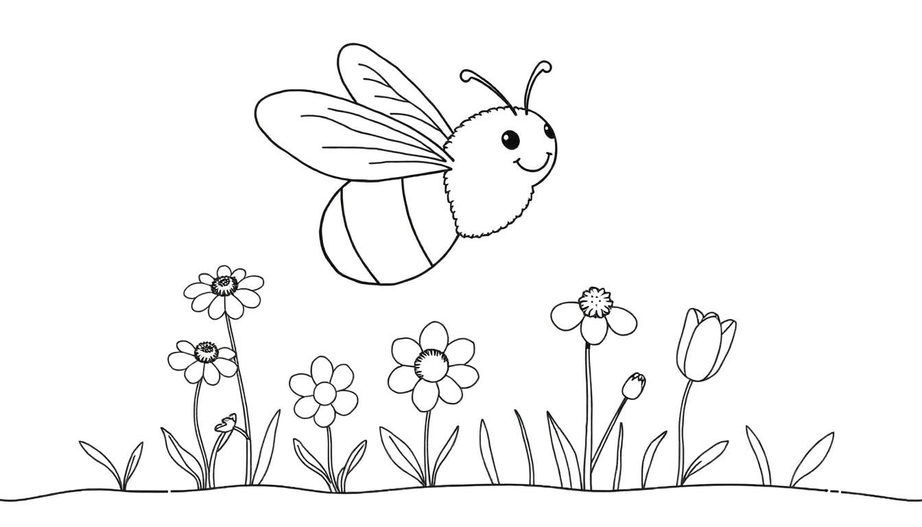 Dessin au trait d'une abeille souriante volant au-dessus d'un parterre de fleurs colorées avec un panneau coloré visible dans la composition.