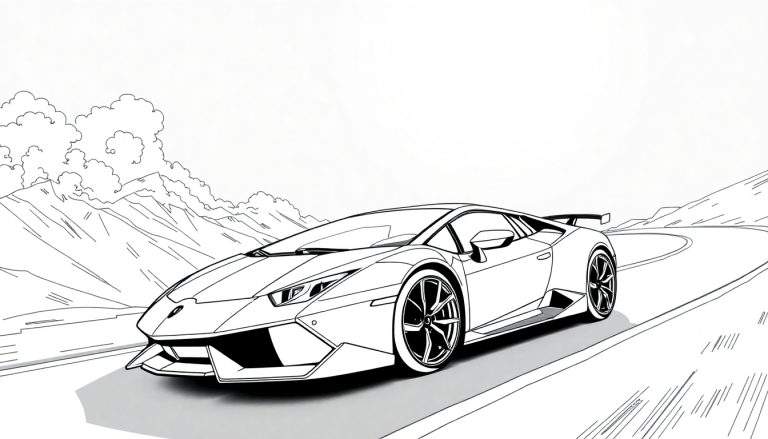 Dessin au trait d'une Lamborghini sur une route de montagne.
