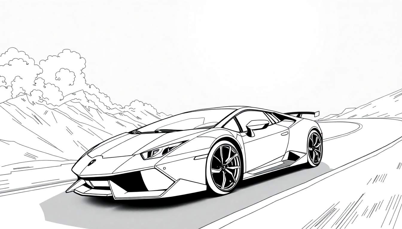 Dessin au trait d'une Lamborghini sur une route de montagne.