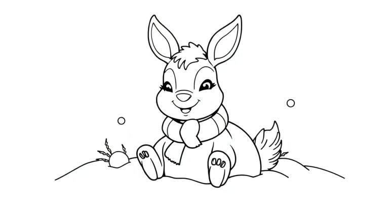 Dessin au trait d'un lapin joyeux dans la neige, prêt pour un color panel d'hiver.