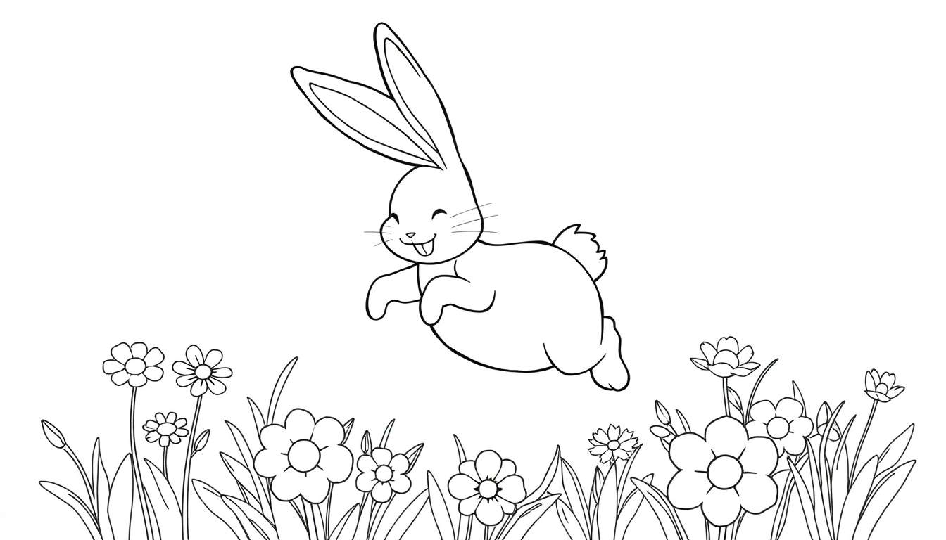 Dessin au trait d'un lapin sautant au-dessus d'un parterre de fleurs, prêt pour le coloriage.