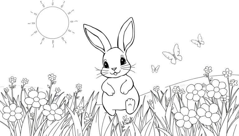 Un lapin dessiné au trait dans un champ de fleurs colorées avec des papillons et un soleil, parfait pour un color panel.