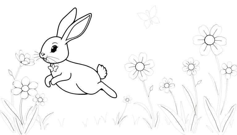 Un lapin au trait avec un nœud papillon saute dans un champ de fleurs, prêt pour un color panel.