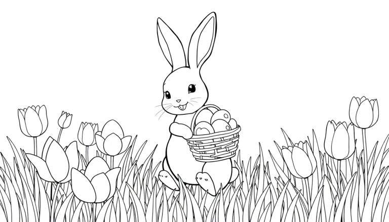 Lapin de Pâques tenant un panier d'œufs dans un champ de tulipes, idéal pour un color panel.