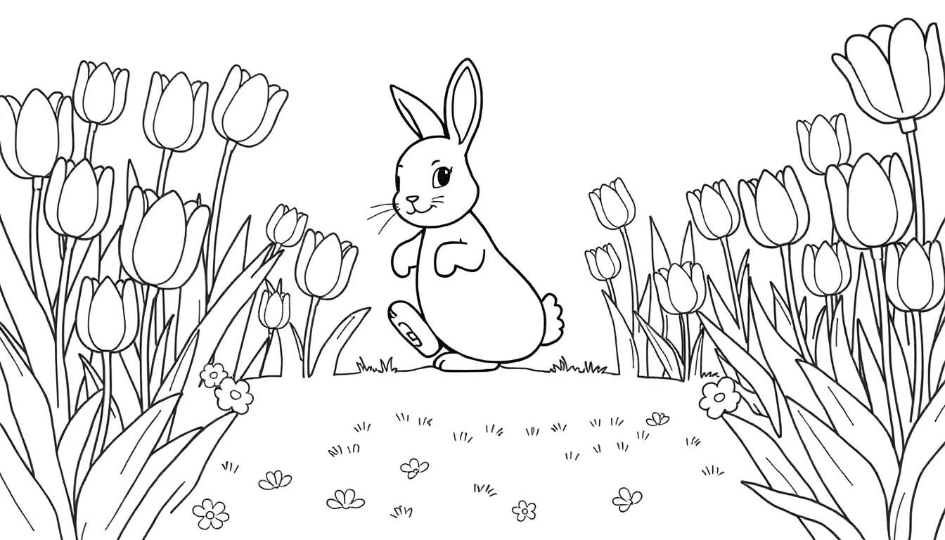 Un lapin joyeux dans un jardin de tulipes pour un panel à colorier.