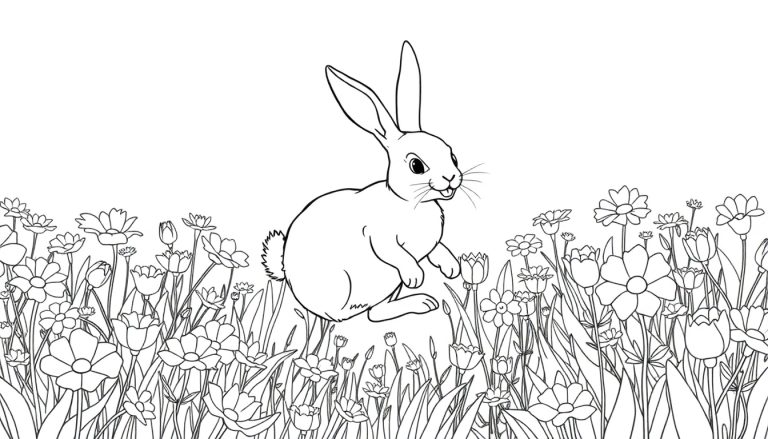 Un lapin au trait de dessin dans un champ de fleurs, prêt à être colorié sur un color panel.