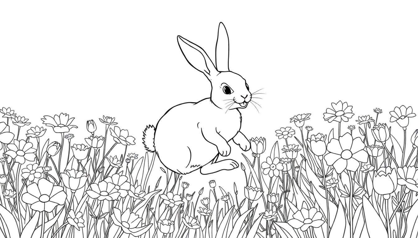 Un lapin au trait de dessin dans un champ de fleurs, prêt à être colorié sur un color panel.