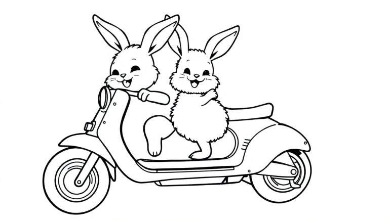 Un dessin au trait noir et blanc de deux lapins sur un scooter, parfait pour un color panel.