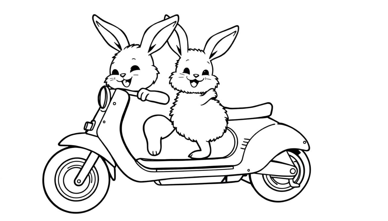 Un dessin au trait noir et blanc de deux lapins sur un scooter, parfait pour un color panel.