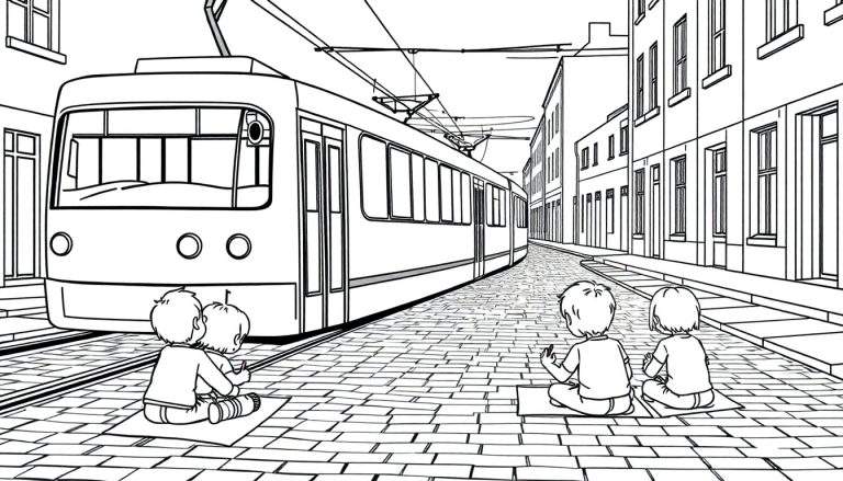 Des enfants dessinant une scène de rue avec un tramway.