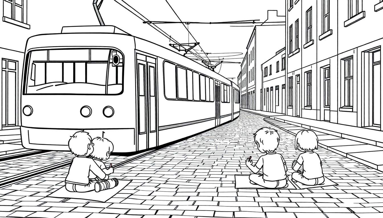 Des enfants dessinant une scène de rue avec un tramway.