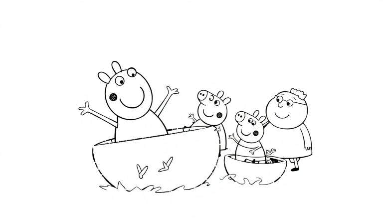 Une famille de cochons naviguant dans des coquilles de noix, un tableau à colorier.