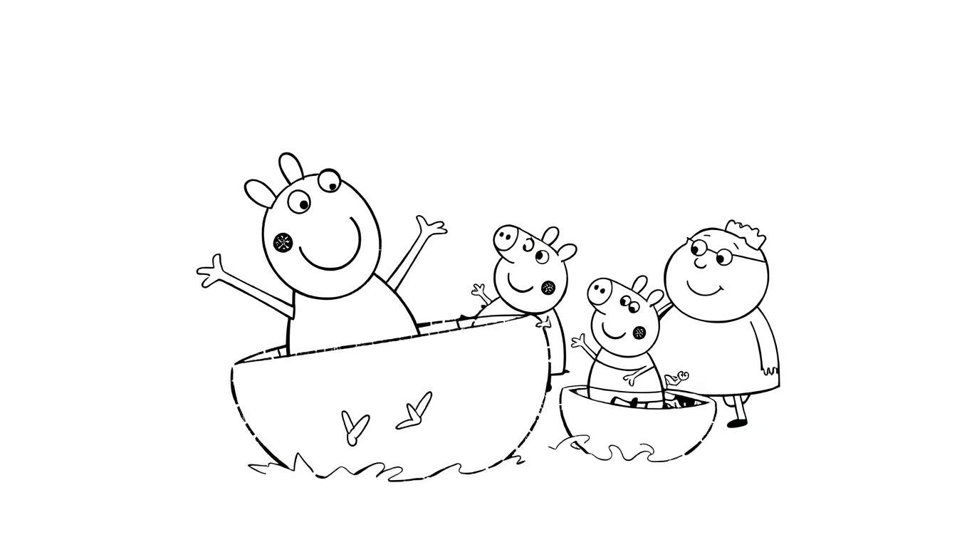 Une famille de cochons naviguant dans des coquilles de noix, un tableau à colorier.