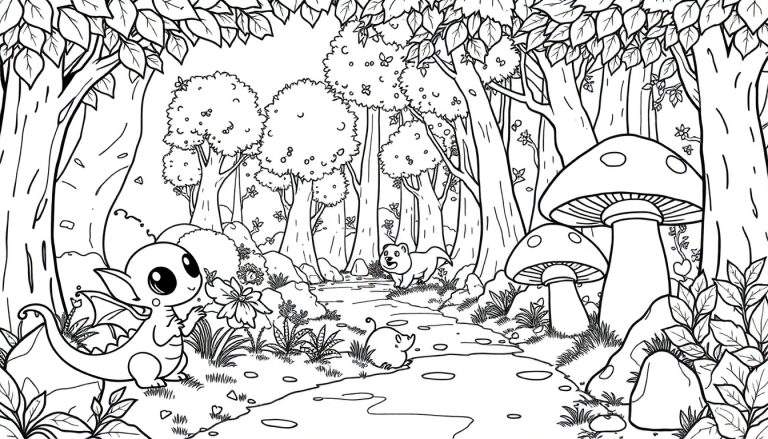 Dessin au trait d'une forêt fantaisiste avec un bébé dragon, un rongeur, un ours et des champignons.