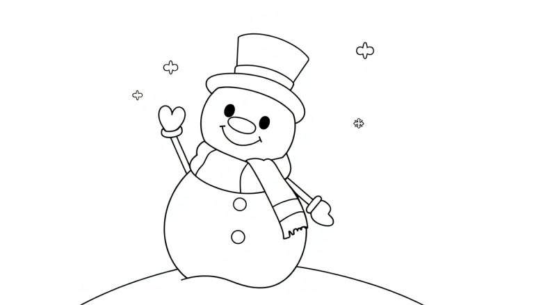 Un bonhomme de neige joyeux saluant, avec un chapeau haut de forme et une écharpe colorée, sur une colline enneigée avec des flocons tombant. Un color panel de la joie hivernale.