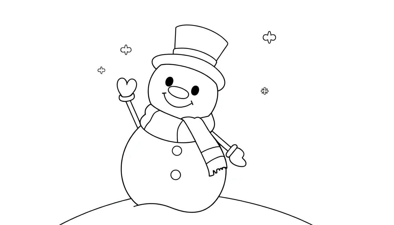 Un bonhomme de neige joyeux saluant, avec un chapeau haut de forme et une écharpe colorée, sur une colline enneigée avec des flocons tombant. Un color panel de la joie hivernale.