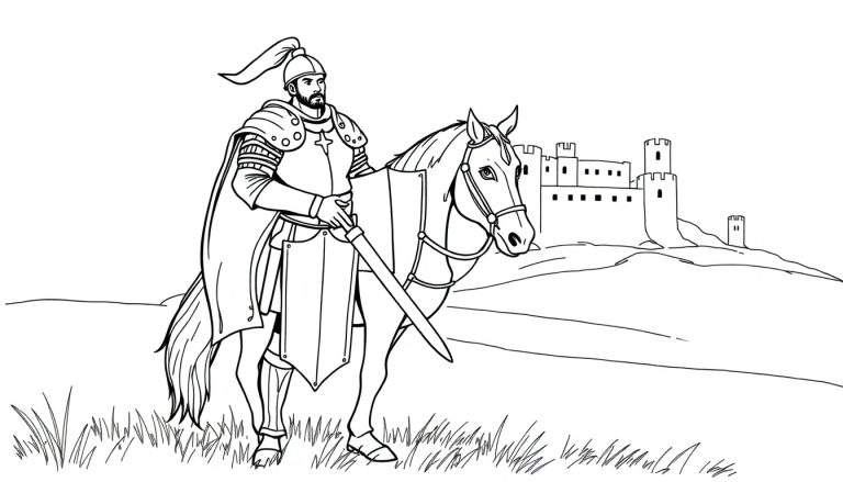 Chevalier en armure sur un cheval devant un château, prêt pour l'aventure, color panel.