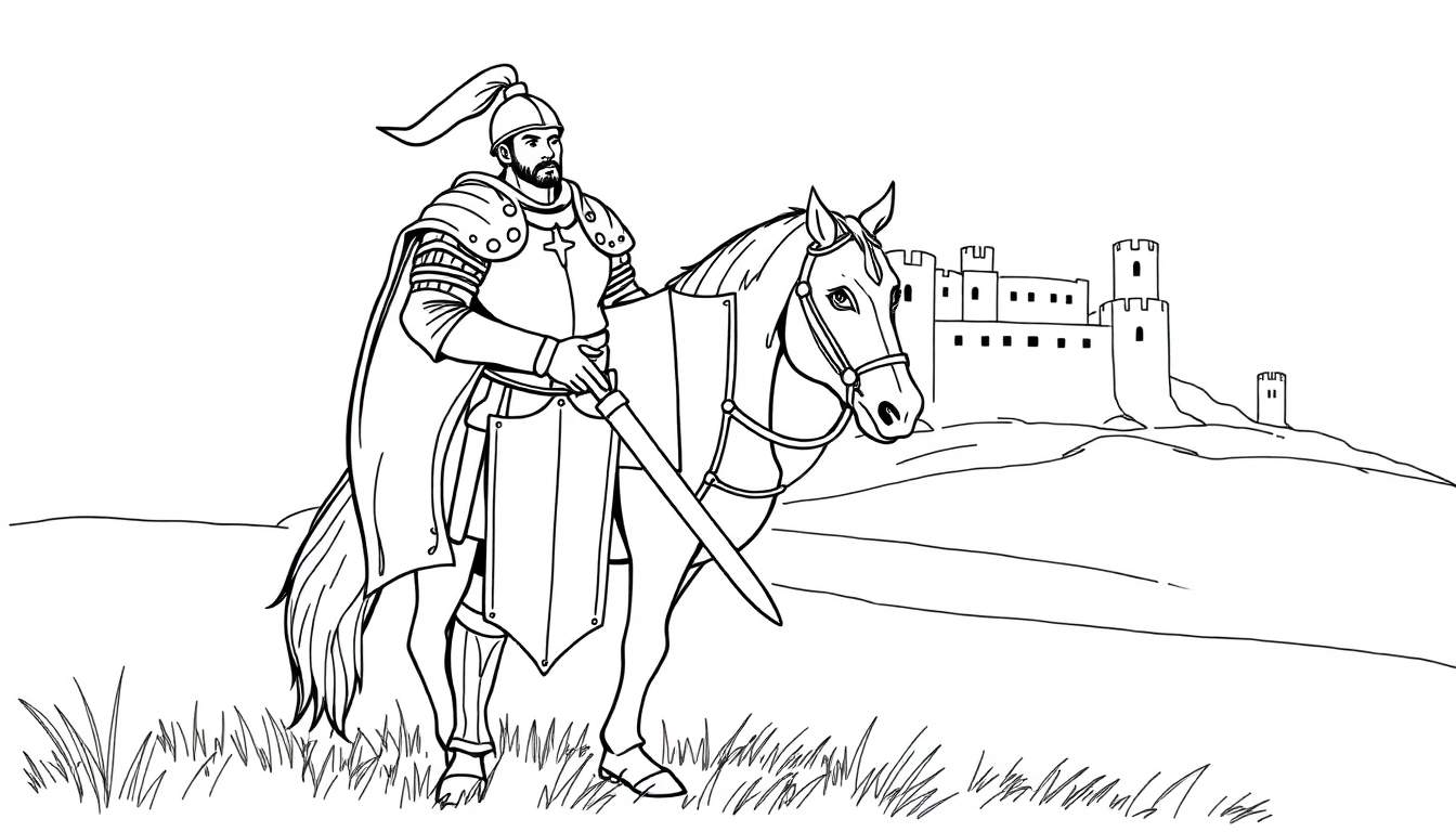 Chevalier en armure sur un cheval devant un château, prêt pour l'aventure, color panel.