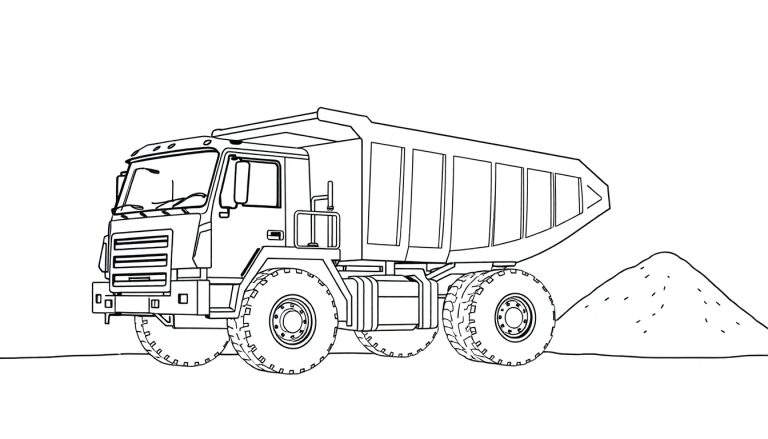 Un camion à benne basculante dessiné en noir et blanc déchargeant du sable.