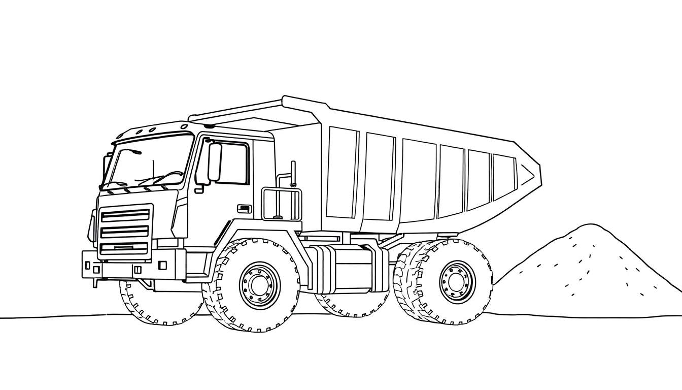Un camion à benne basculante dessiné en noir et blanc déchargeant du sable.