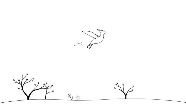 Un cerf aux ailes stylisé vole au-dessus d'un paysage vallonné minimaliste.