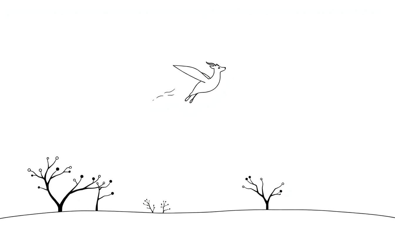 Un cerf aux ailes stylisé vole au-dessus d'un paysage vallonné minimaliste.