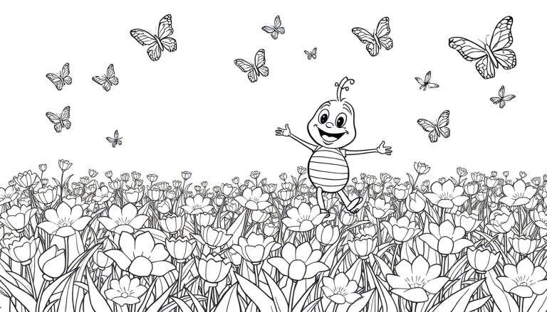 Personnage de dessin animé abeille joyeux dans un champ de fleurs avec des papillons, color panel