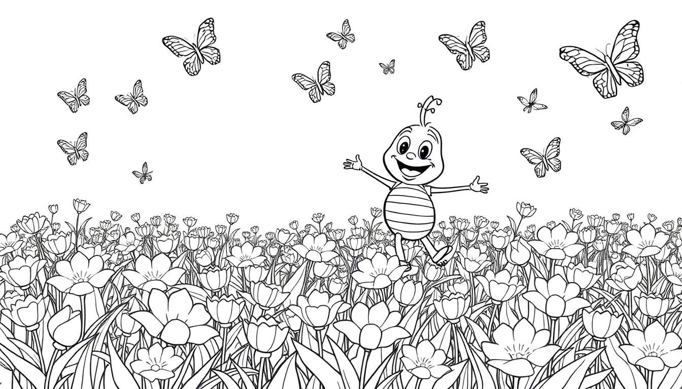 Personnage de dessin animé abeille joyeux dans un champ de fleurs avec des papillons, color panel
