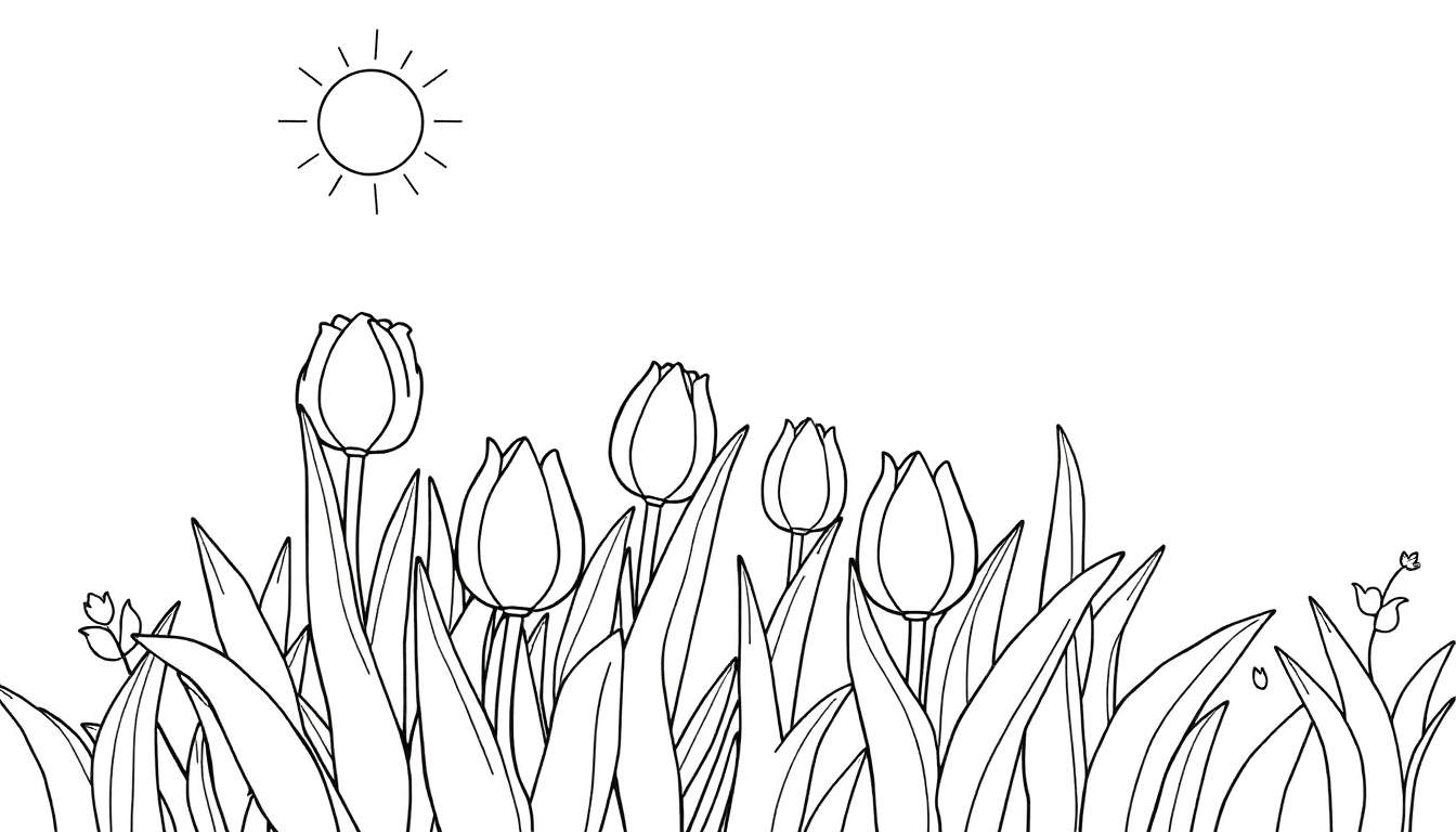 Dessin au trait d'un champ de tulipes sous le soleil avec un soleil stylisé.