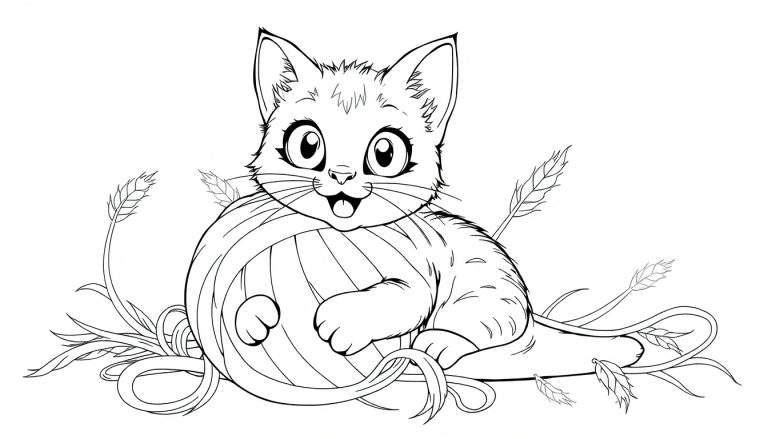 Un adorable chaton endormi sur une pelote de laine, entouré de brins d'herbe et d'épis de blé, prêt à être colorié dans notre color panel.
