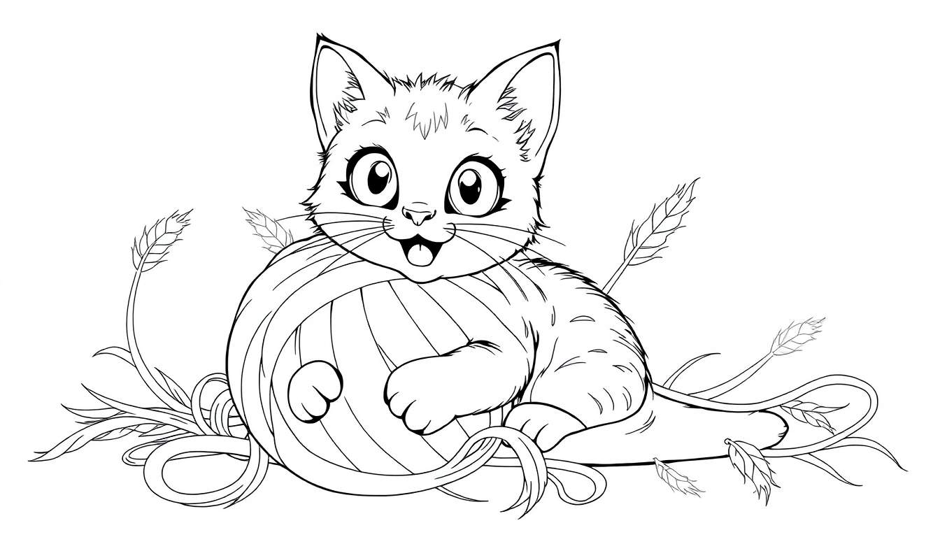 Un adorable chaton endormi sur une pelote de laine, entouré de brins d'herbe et d'épis de blé, prêt à être colorié dans notre color panel.