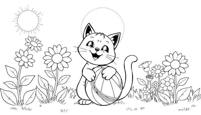 Un chaton mignon tenant un ballon rayé dans un jardin fleuri, avec un soleil au-dessus. Ce dessin est idéal pour un color panel.