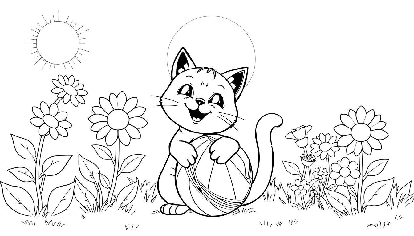 Un chaton mignon tenant un ballon rayé dans un jardin fleuri, avec un soleil au-dessus. Ce dessin est idéal pour un color panel.