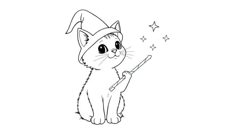 Chaton dessiné portant un chapeau de sorcier, tenant une baguette magique avec des étoiles, prêt pour le color panel.