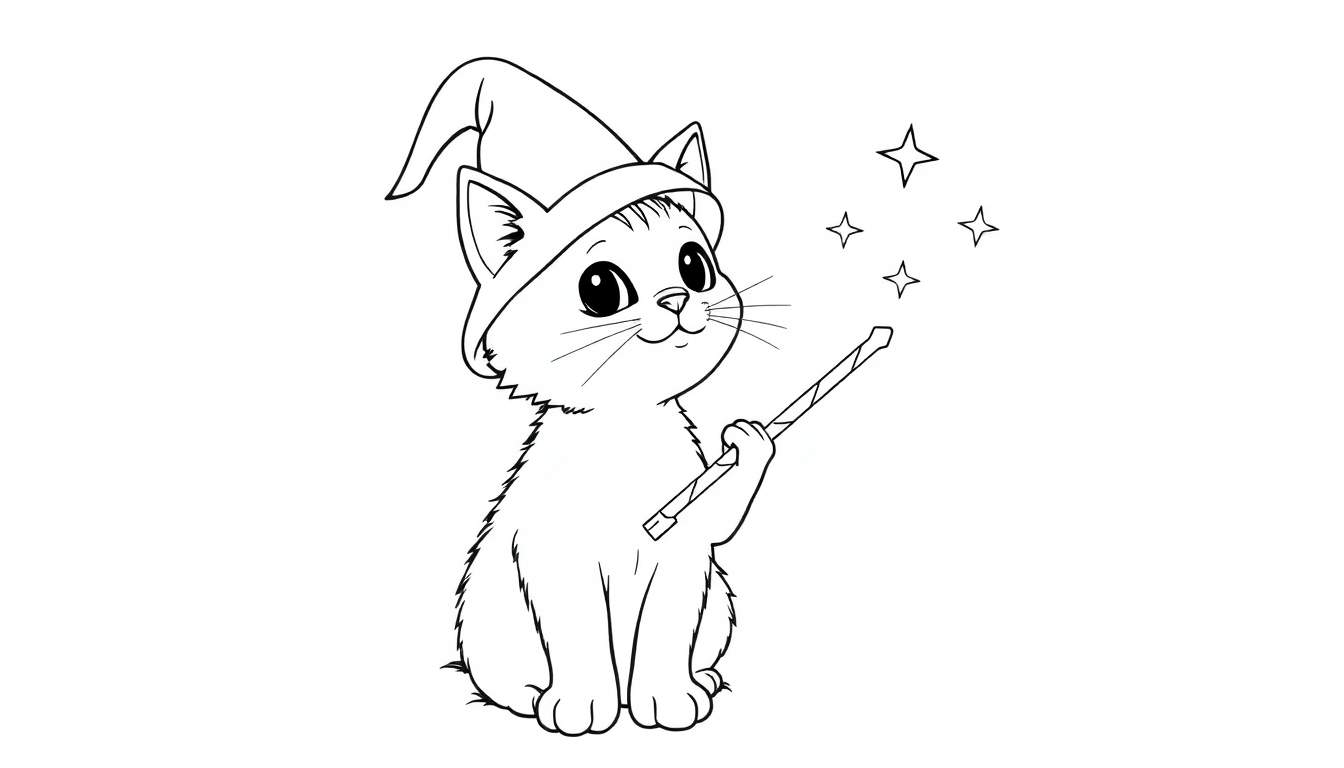 Chaton dessiné portant un chapeau de sorcier, tenant une baguette magique avec des étoiles, prêt pour le color panel.