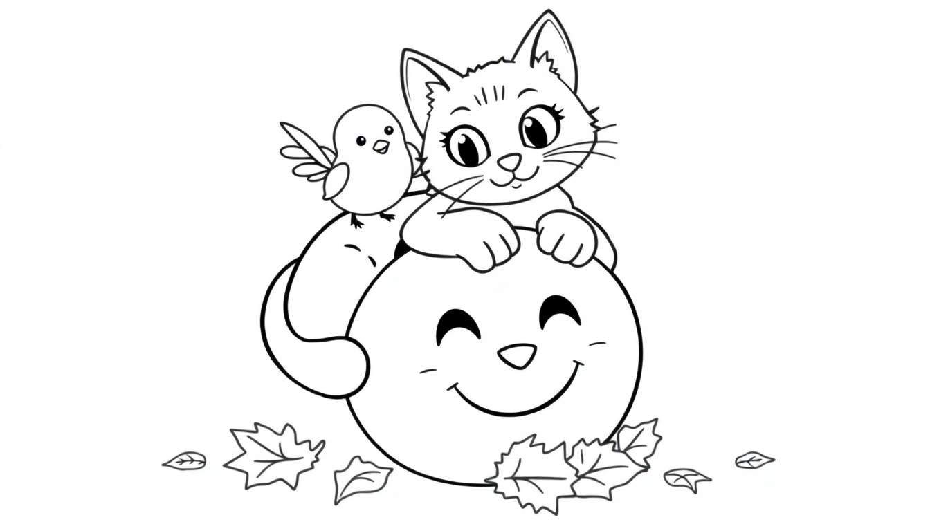 Un chat dessiné assis sur une grande orbe souriante avec un oiseau et des feuilles.